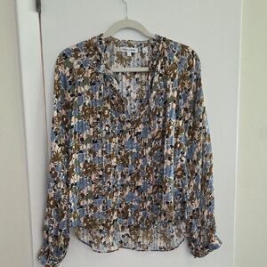 Veronica Beard Blue, Brown & Cream Floral Pleated Blouse